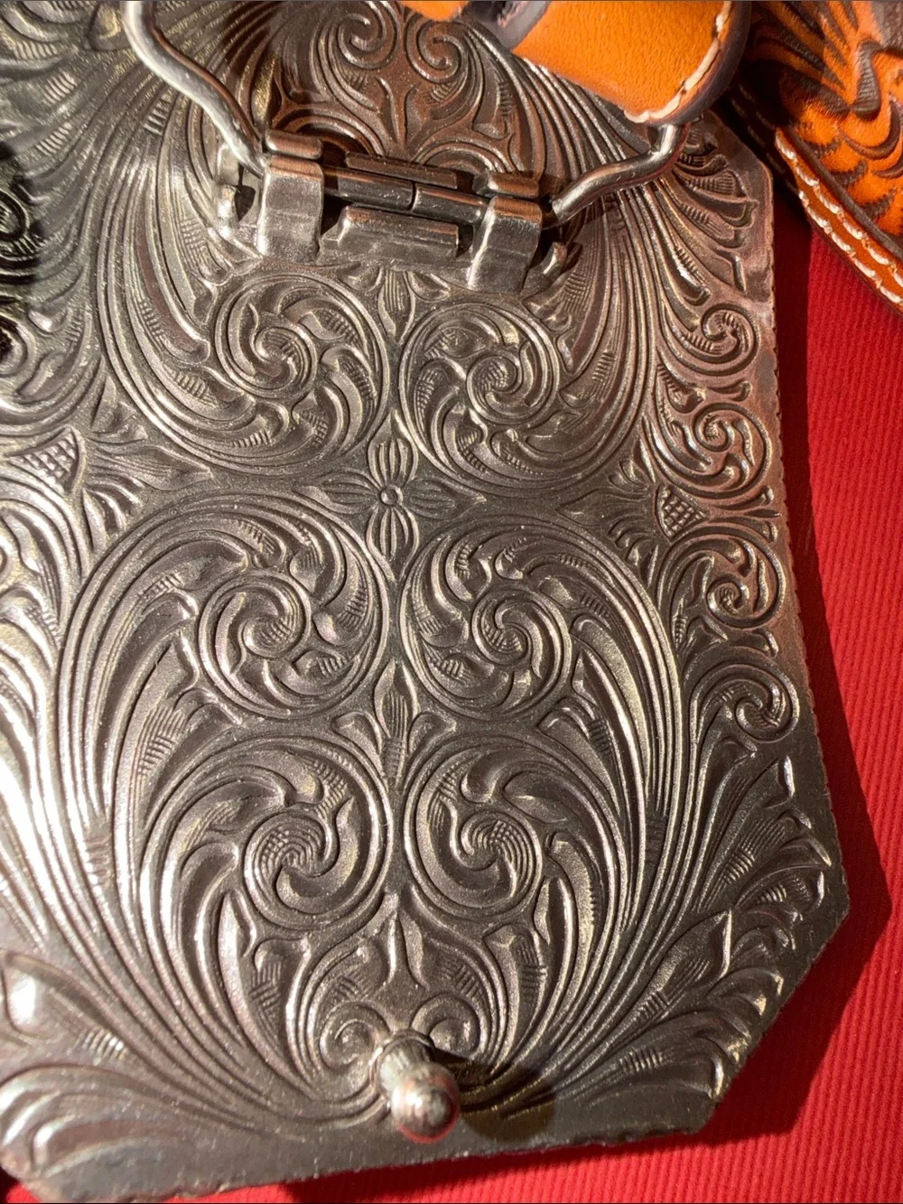 NWOT Ariat Brown Tooled Genuine Leather Belt with Silver & Gold Western Buckle - Picture 9 of 12